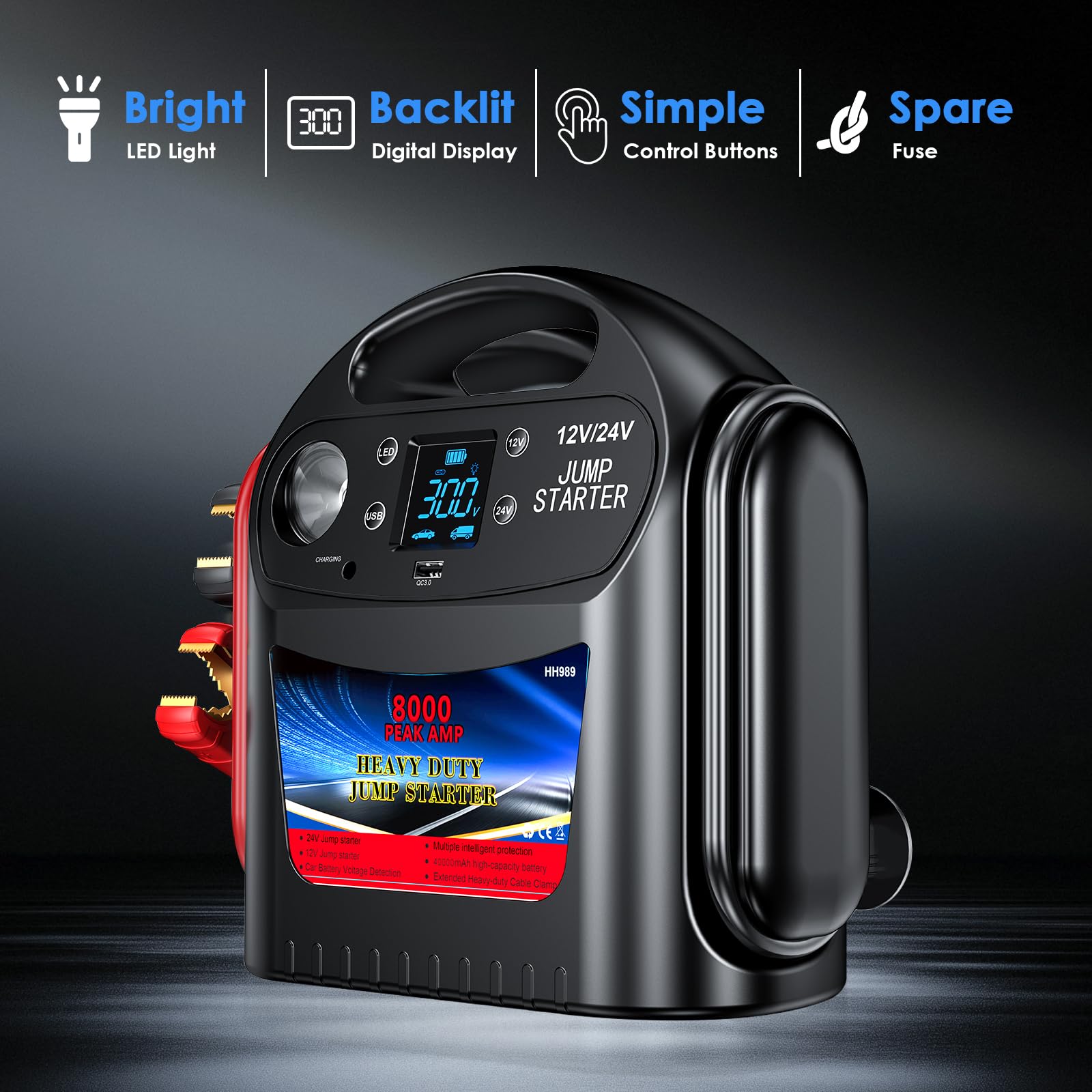 FlyAuto 8000A force-start button enables quick restart of stubborn batteries.