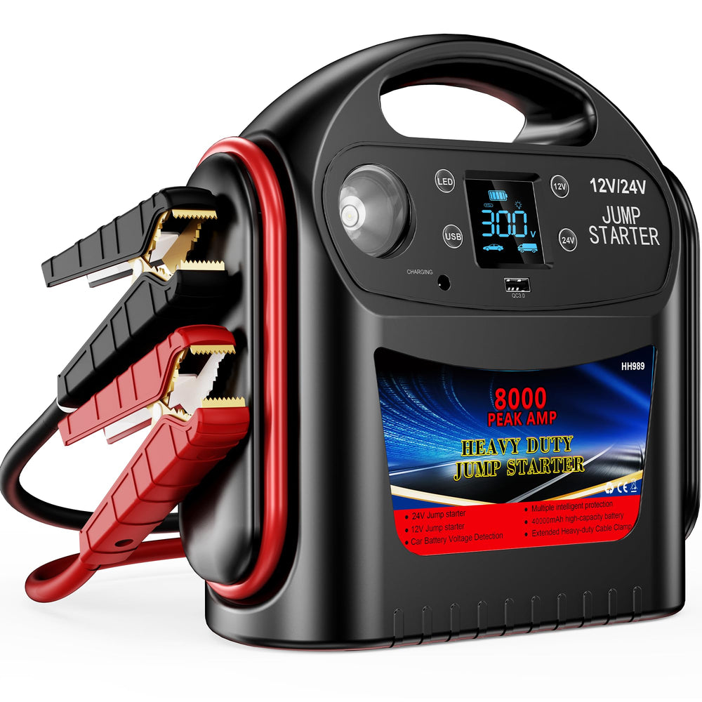 FlyAuto 8000A jump starter front angle shows compact heavy-duty power for gas and diesel engines.
