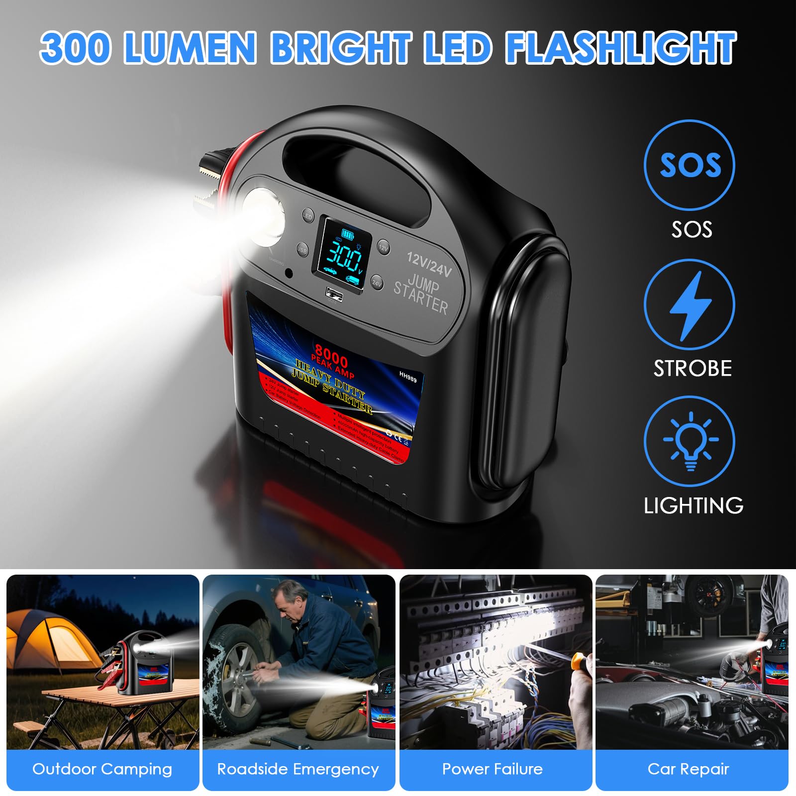 FlyAuto 8000A USB charging port powers phones and tablets on the go.