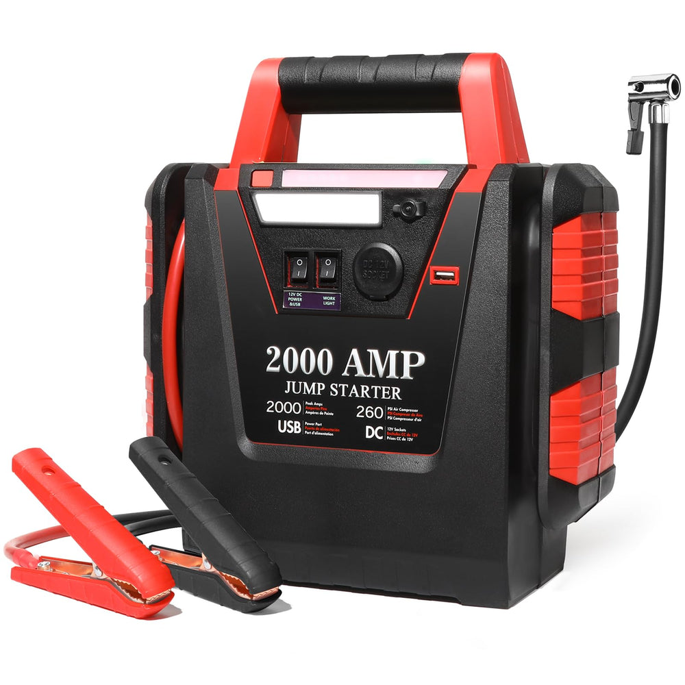 FlyAuto jump starter with air compressor powers a dead battery on the road