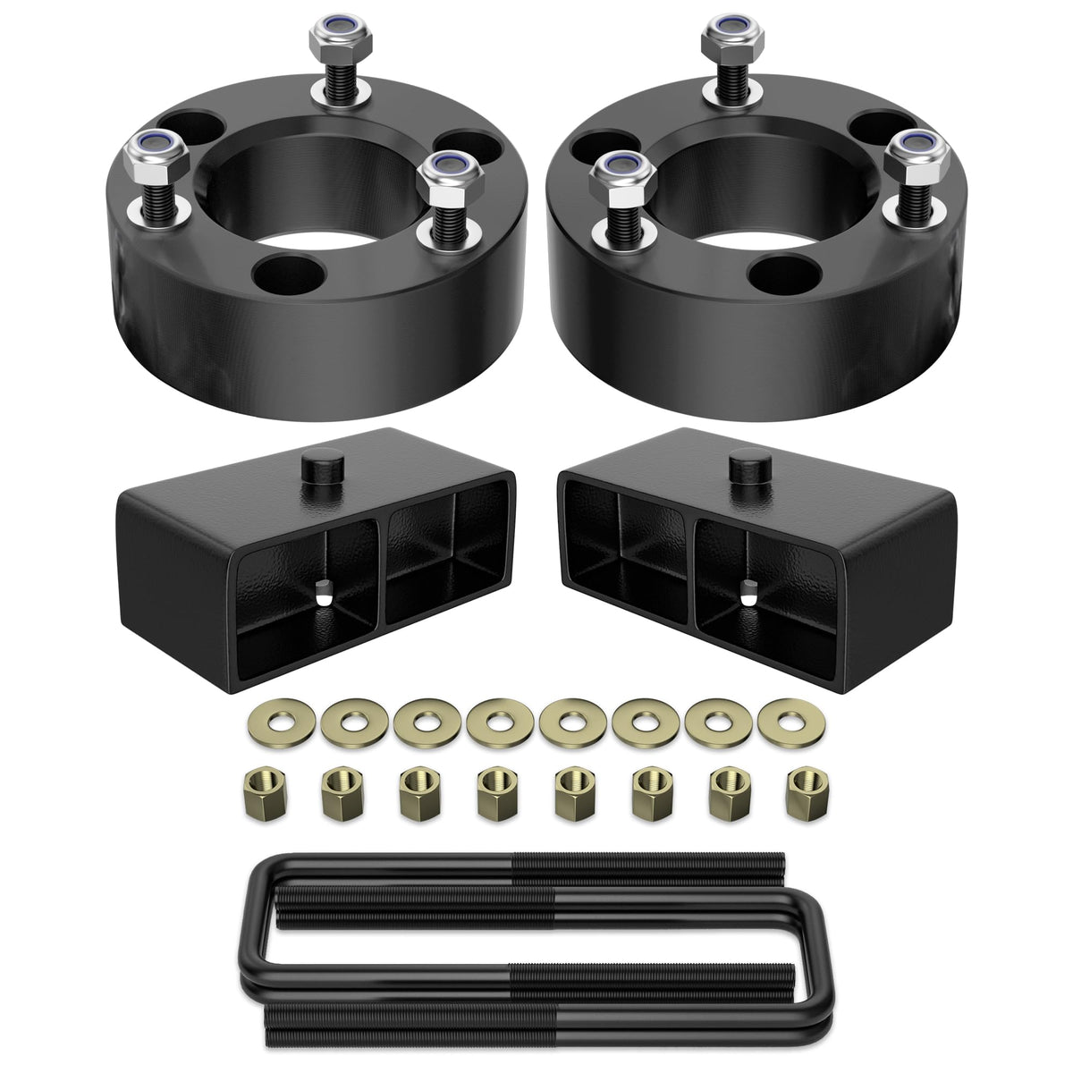 FLYCLE 3-front-2-rear leveling kit assembly view highlights quick lift without cutting