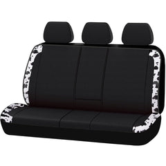 Flying Banner neoprene rear bench cover in cow print protects seats from wear