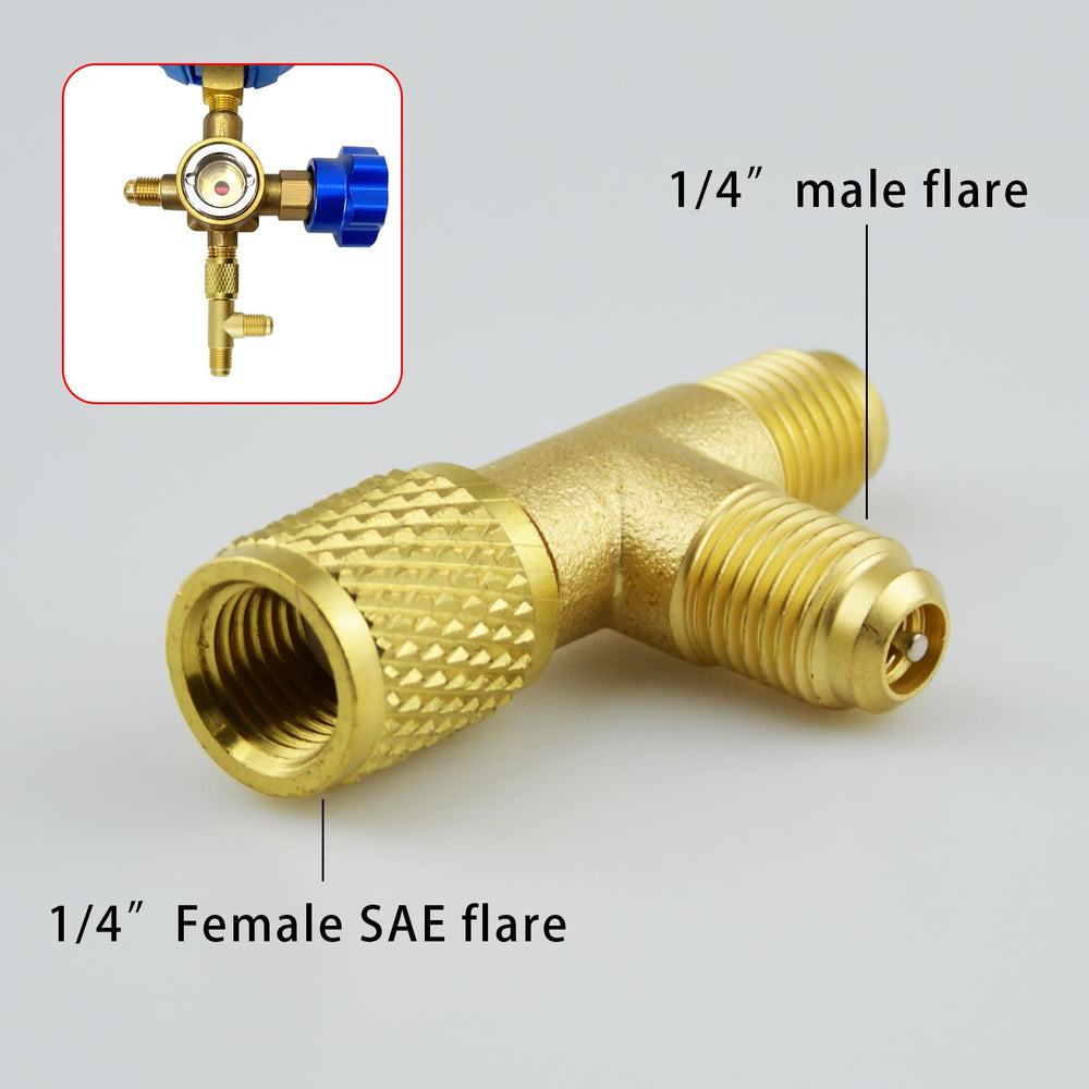 Flylin 1/4 SAE valve-core tee adapter demonstrating built-in valve and flared ends