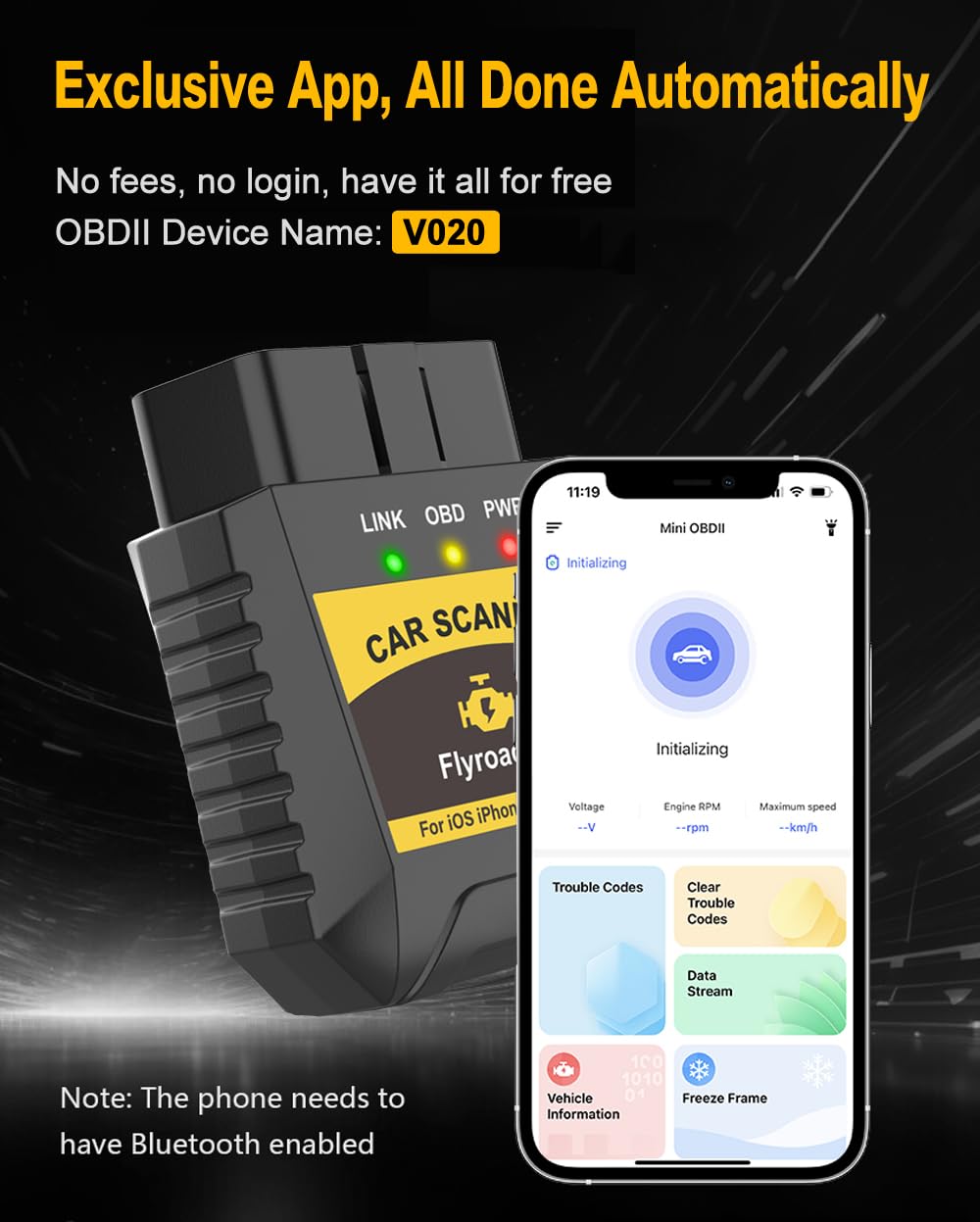 FlyroadUp OBD2 scanner with Android app supports code reading and live data.
