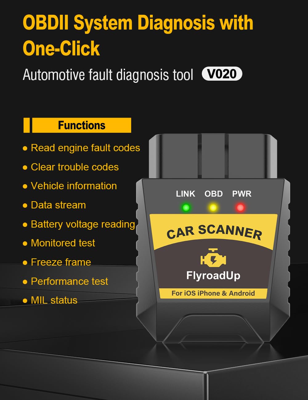 FlyroadUp OBD2 scanner on iPhone app view enables real-time engine data monitoring.