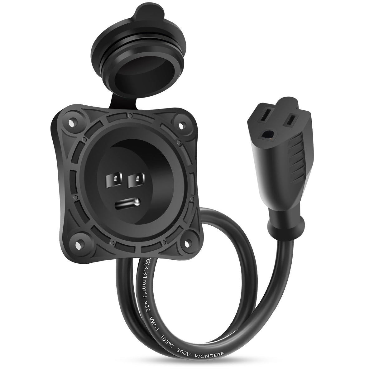 FMATOZ shore plug inlet with integrated cord for convenient RV power access