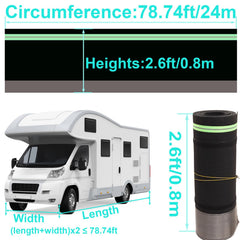Night time view of all weather protection from the Fnylotusr RV skirt around a trailer.