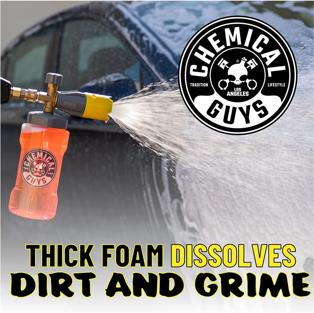 Foam cannon attached to a pressure washer for quick, even coverage.