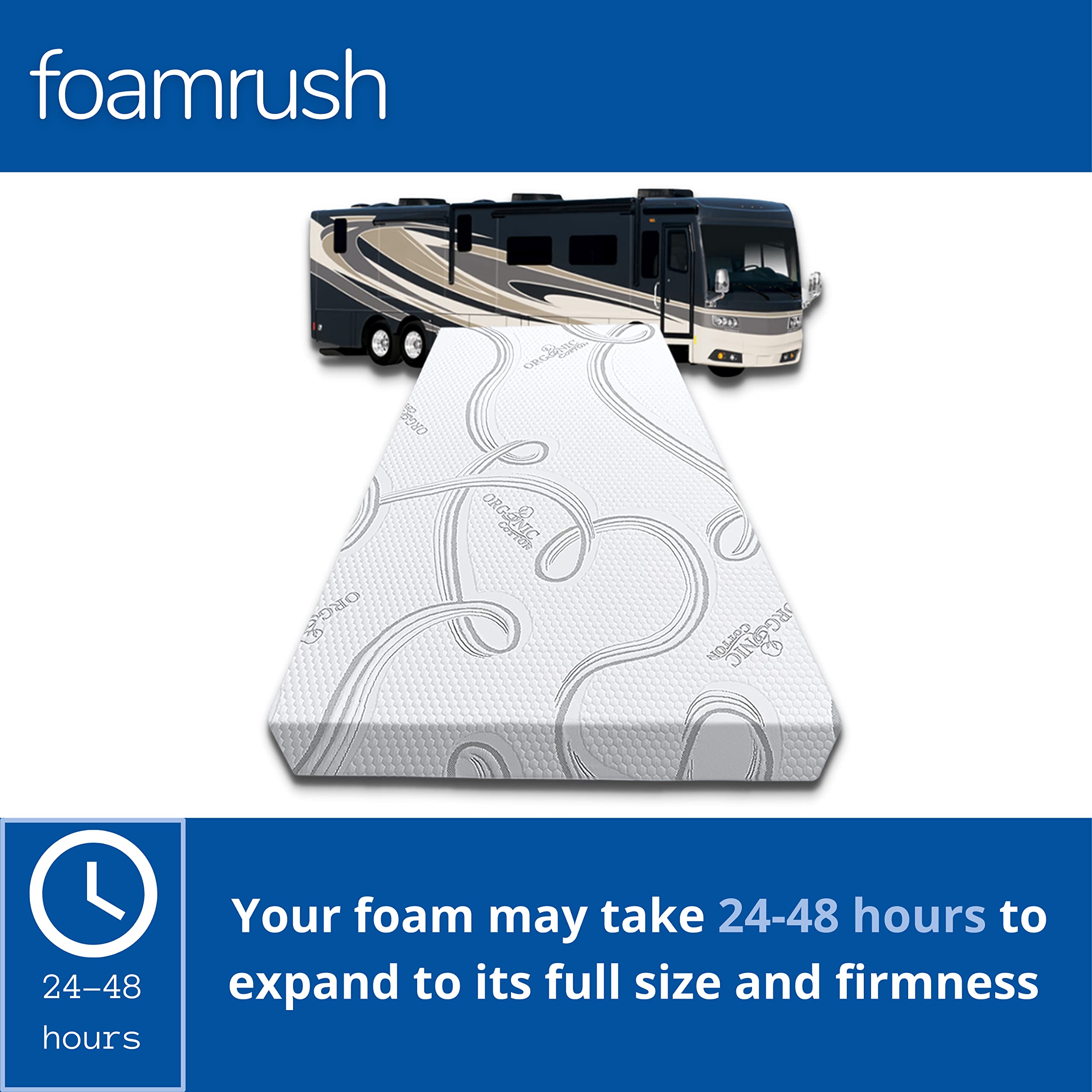 FoamRush cotton-cover detail demonstrates breathable surface for cooler RV sleep.
