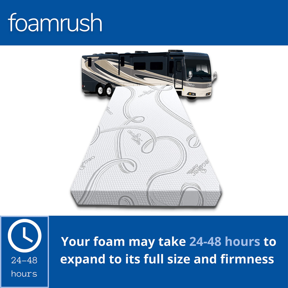 FoamRush cotton-cover detail demonstrates breathable surface for cooler RV sleep.