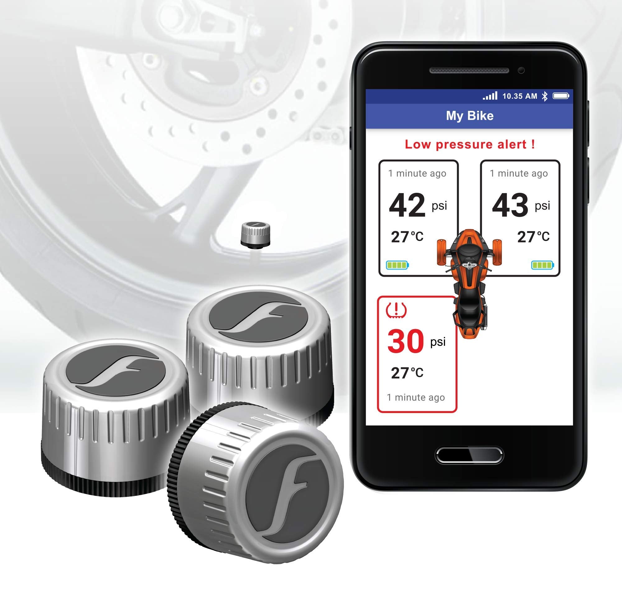 FOBO Bike 2 Trike TPMS device mounted for real-time tire monitoring and alerts