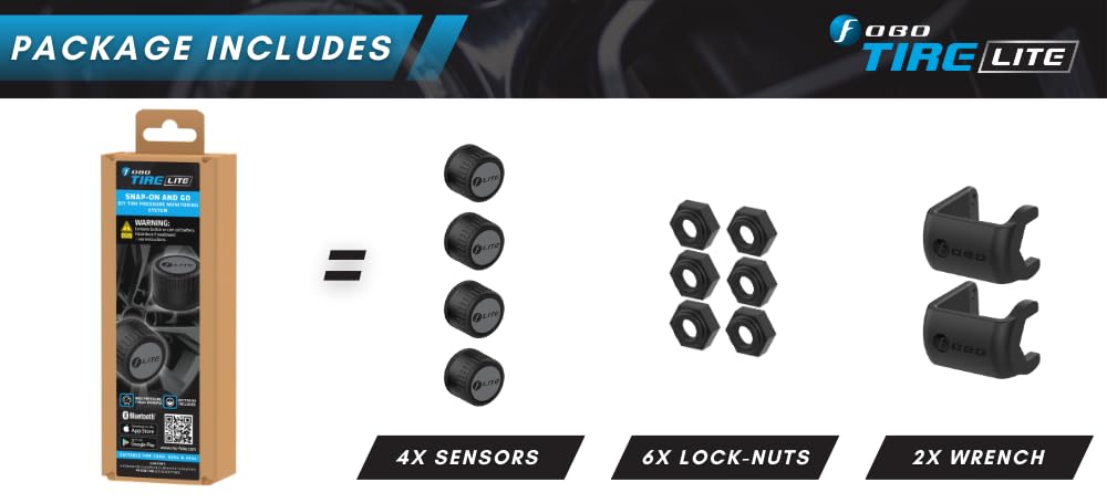 FOBO TIRE LITE app screen demonstrates Bluetooth pairing for real-time tire monitoring.