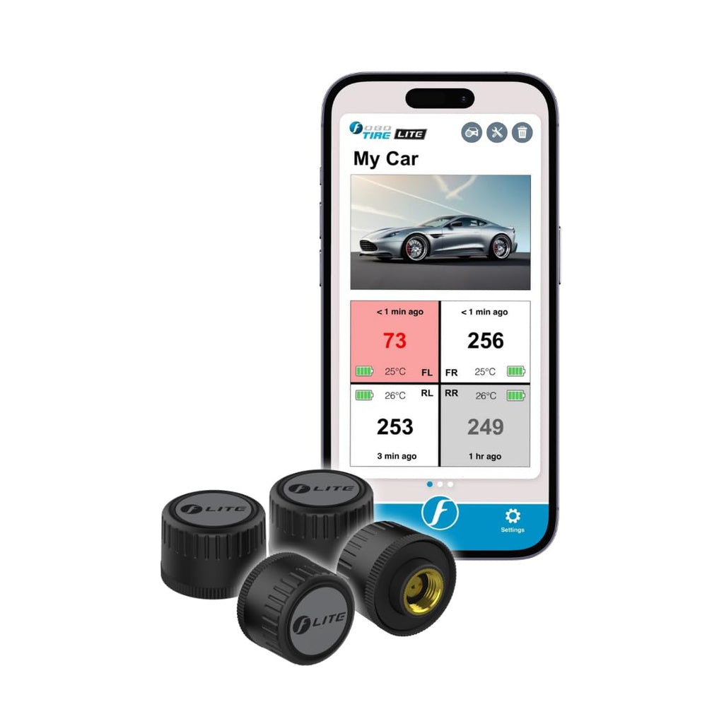 FOBO TIRE LITE sensor close-up demonstrates compact, low-profile design without extra wheel weight.