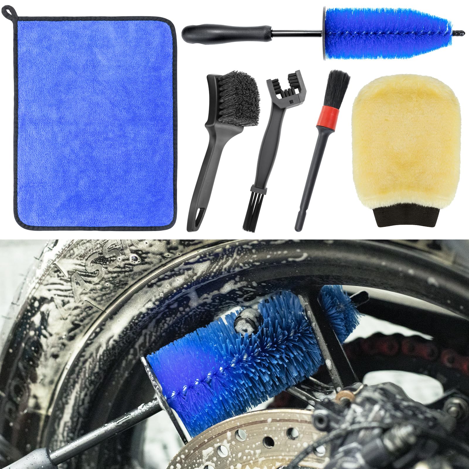 focopot Easy Reach Brush cleans tight motorcycle spots without scratching chrome or paint.