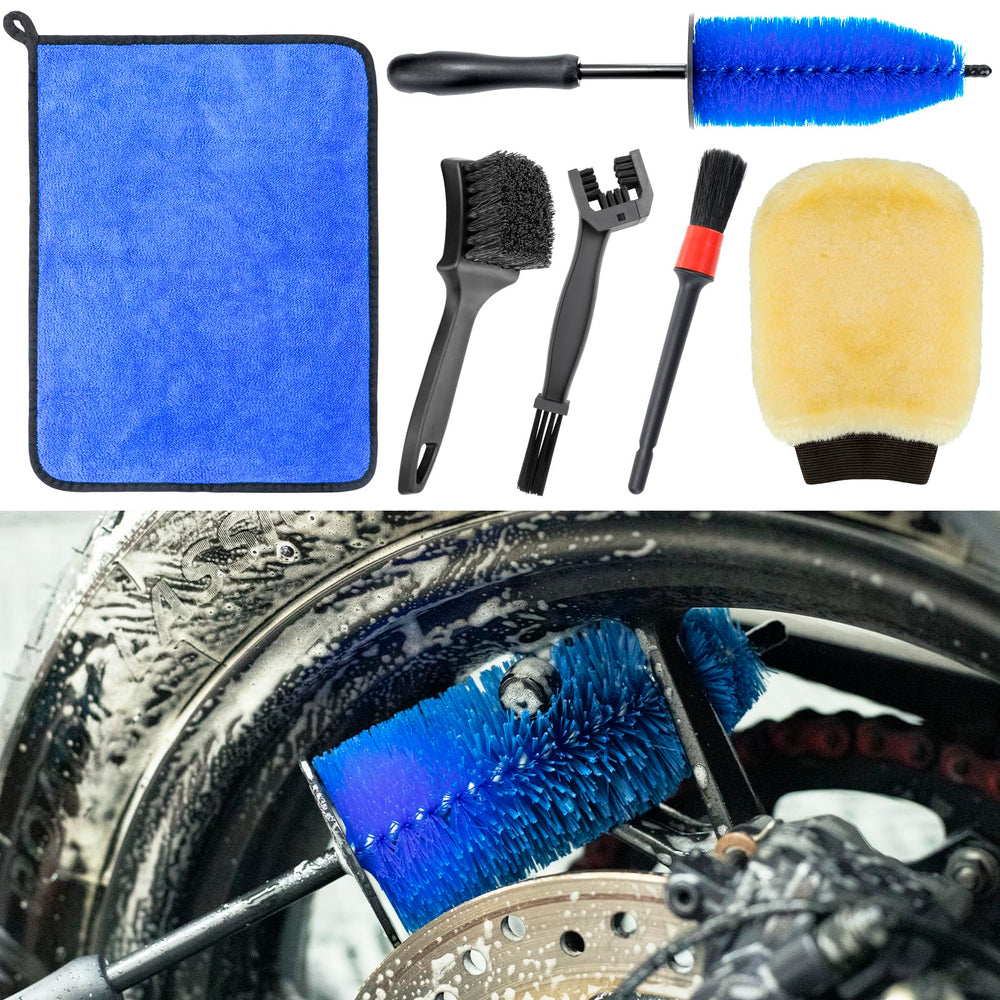 focopot Easy Reach Brush cleans tight motorcycle spots without scratching chrome or paint.