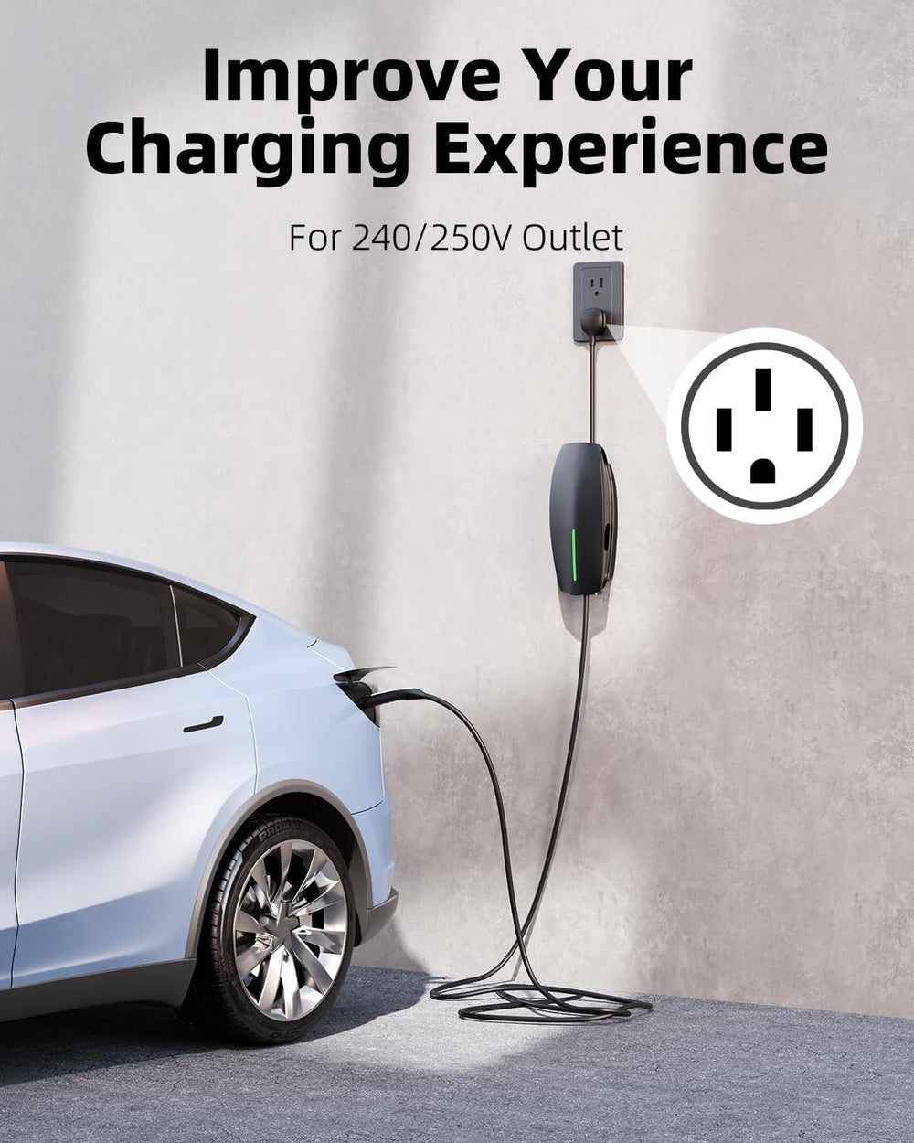 FOCSPROD NEMA14-50 adapter shown with 240/250V outlet for Tesla charging