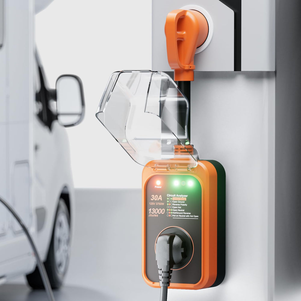 FOCSPROD RV surge protector 30A front view demonstrates compact, camper-ready protection