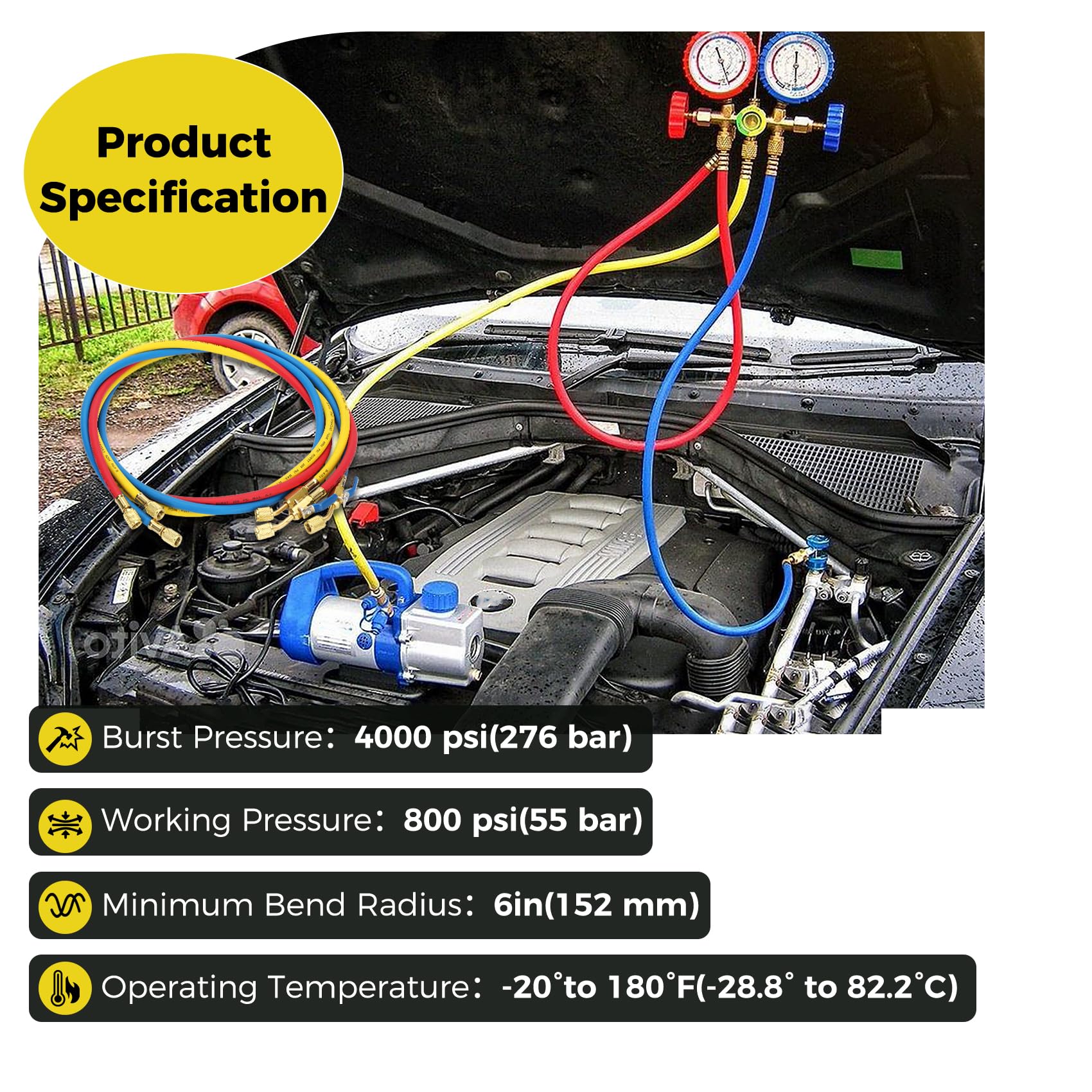 Foinwer 72-inch low-loss refrigerant hose laid out for efficient service.