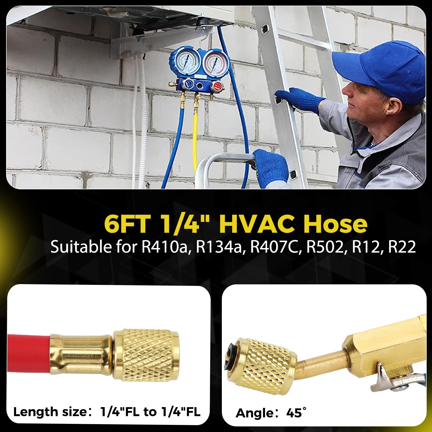 Foinwer color-coded handles in red blue yellow aid correct connections during HVAC work.