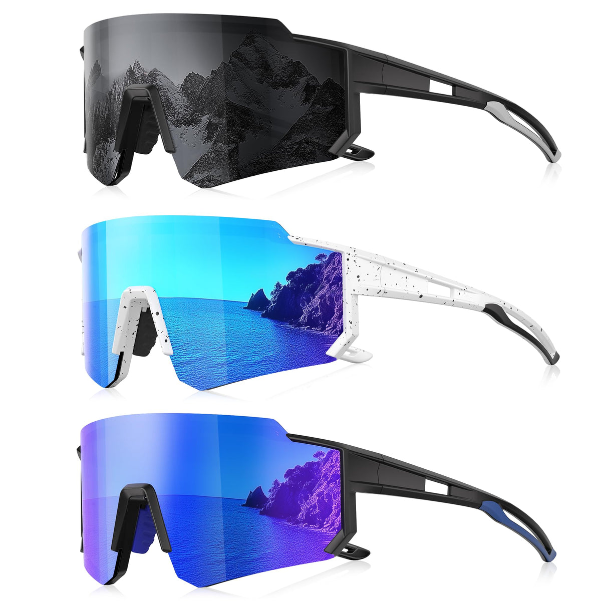Foliful 3-pack polarized sunglasses with gray frame reduce glare and protect eyes.