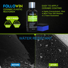 FOLLOWIN darkened plastic before and after with hydrophobic finish.