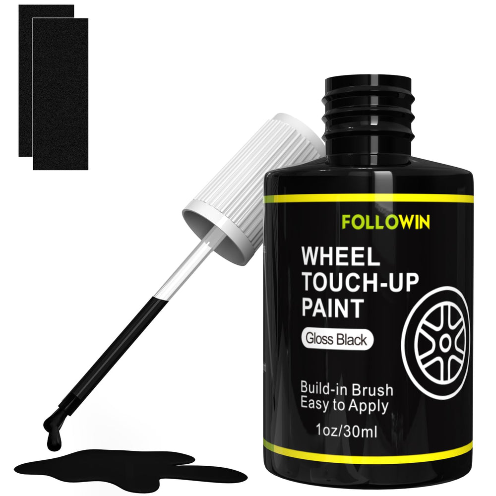 FOLLOWIN gloss black rim paint bottle for quick curb rash repair on wheels