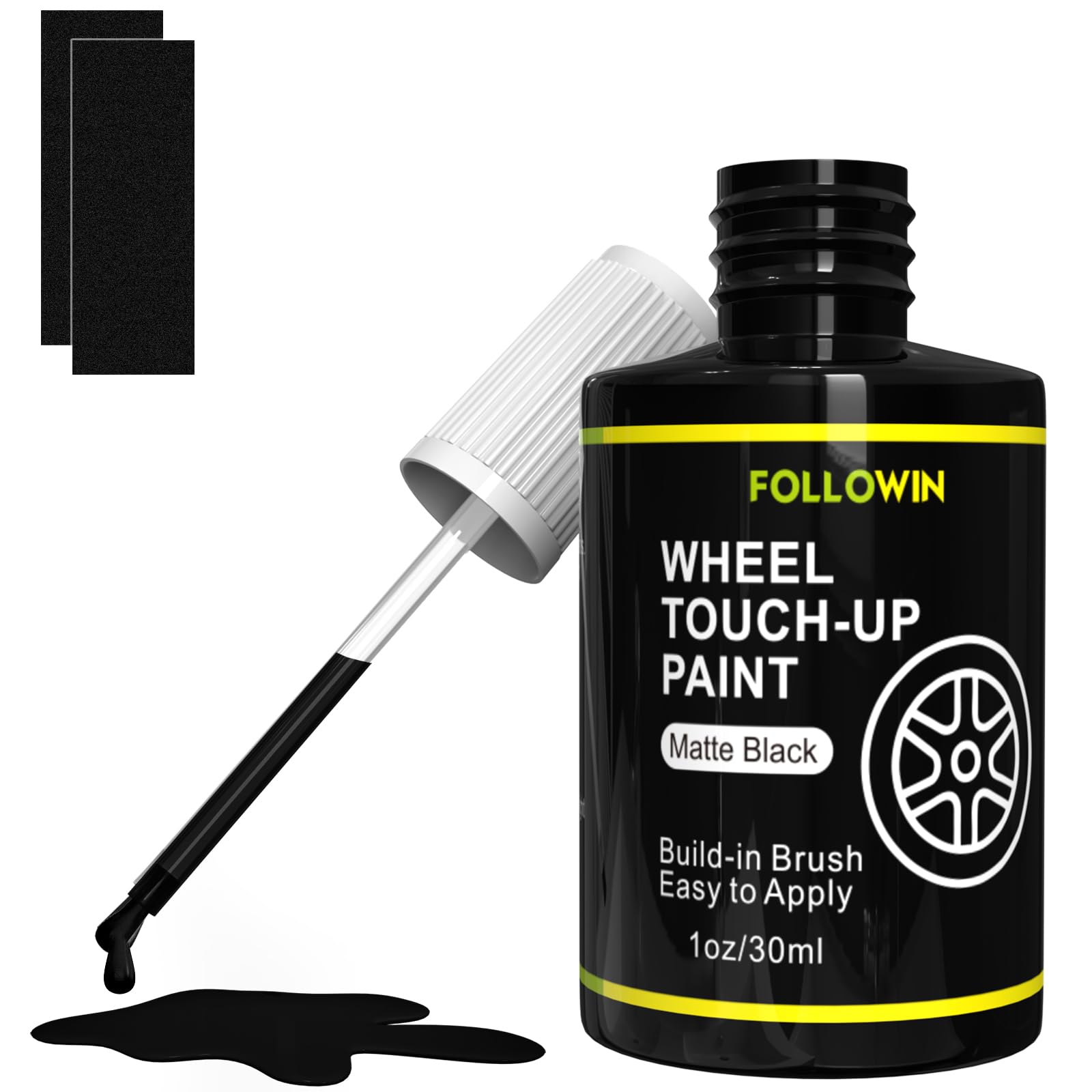 FOLLOWIN matte black rim paint bottle for quick curb rash touch ups on car wheels.