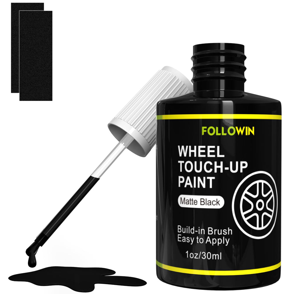 FOLLOWIN matte black rim paint bottle for quick curb rash touch ups on car wheels.