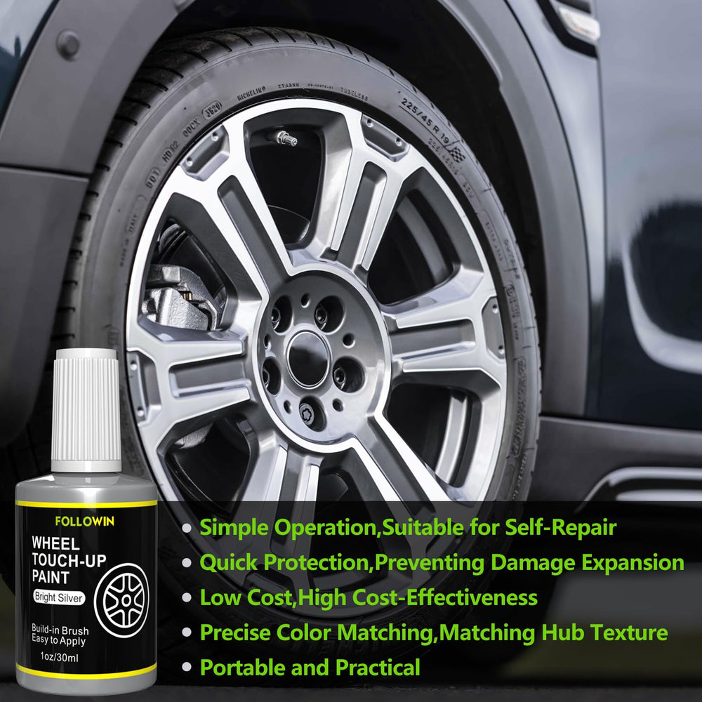FOLLOWIN Silver Rim wheel hub protection close-up highlights corrosion defense.