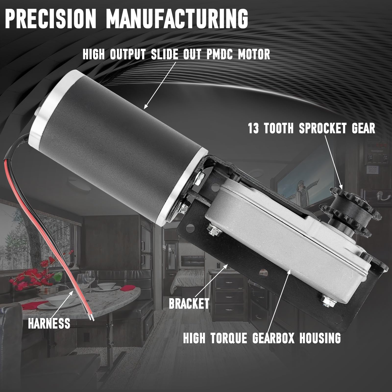 FOMIUZY accu-slideout PMDC motor powering RV sliding mechanism