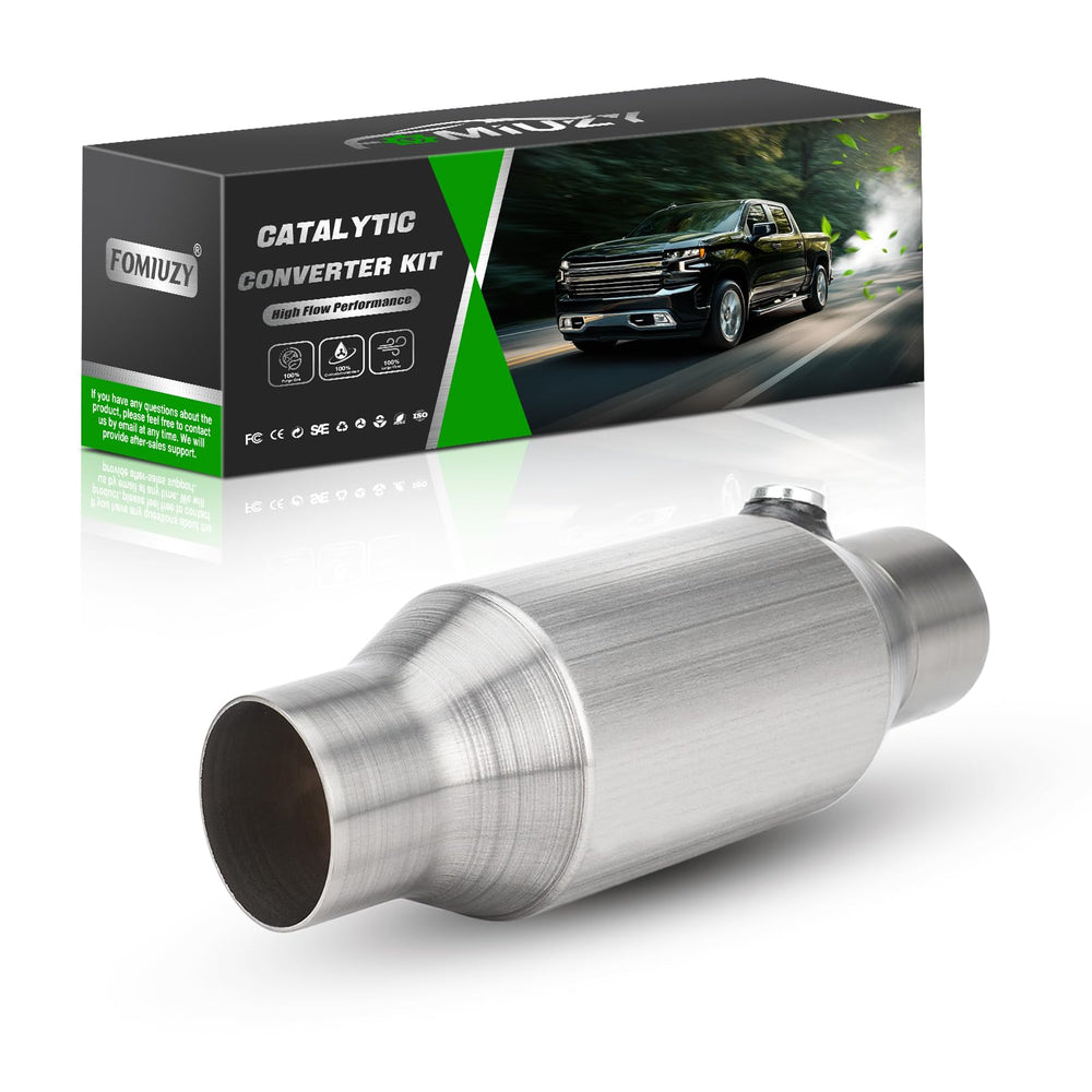 FOMIUZY front catalytic converter shows 2.5-inch inlet and outlet for direct-fit compatibility.