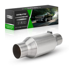 FOMIUZY front catalytic converter shows 2.5-inch inlet and outlet for direct-fit compatibility.