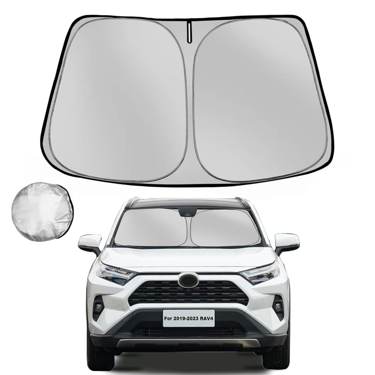 Fonowka windshield sunshade on Toyota RAV4 front view reduces heat and UV exposure.