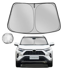 Fonowka windshield sunshade on Toyota RAV4 front view reduces heat and UV exposure.