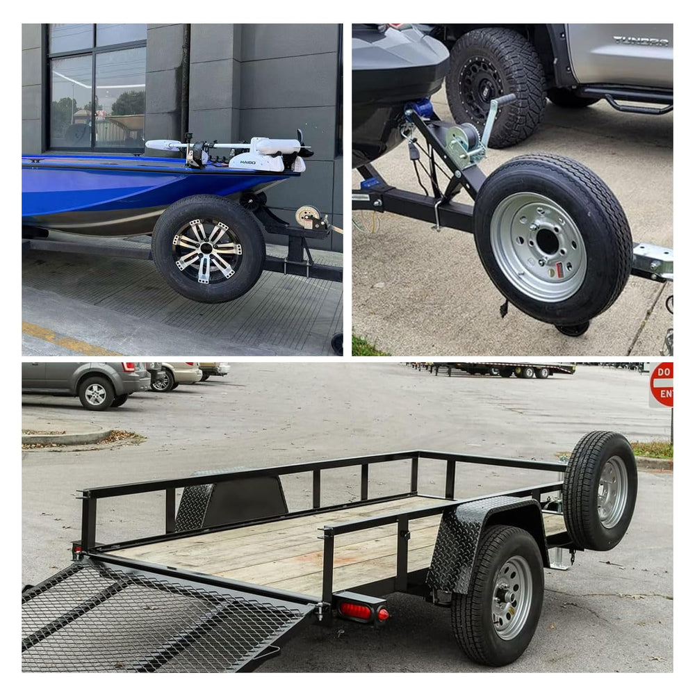 Foozet spare tire mount on trailer shows clear accessible positioning for fast tire changes.