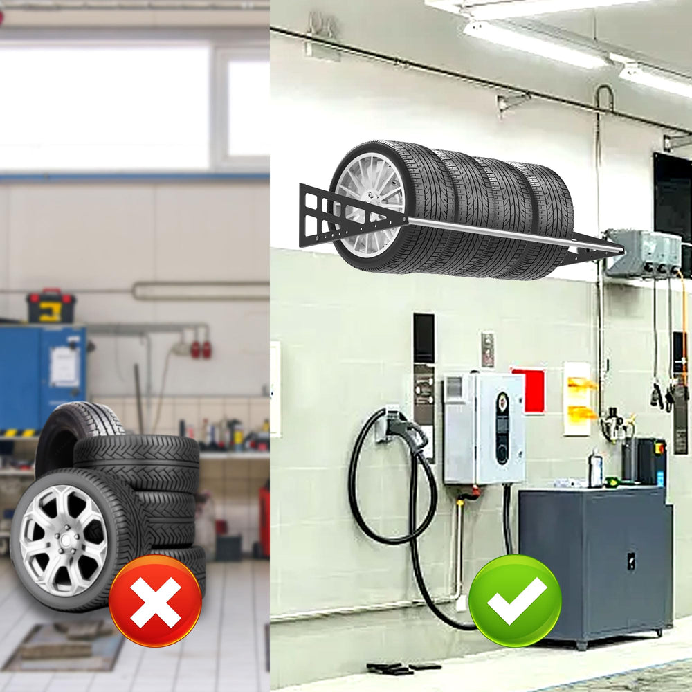 Foozet rack holding four tires, maximizing wall space