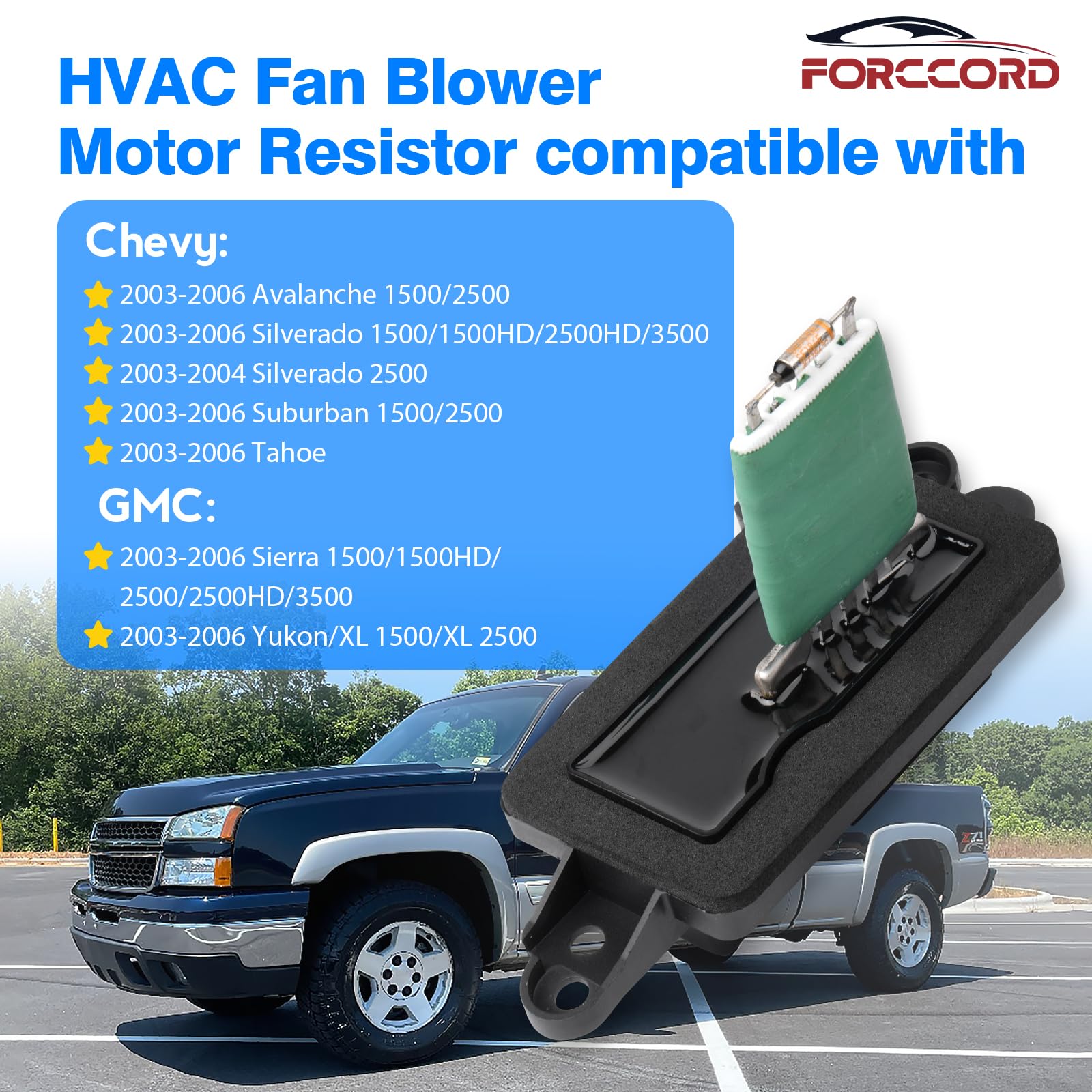 Forccord blower motor resistor with harness for GMC models enables reliable manual fan speeds.