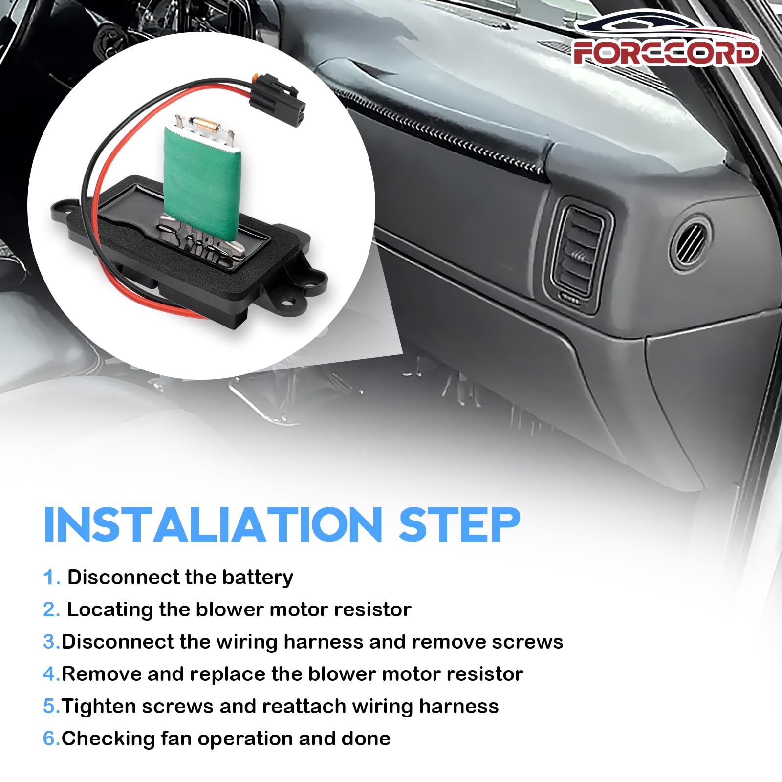 Forccord blower resistor with harness offers ready compatibility and included harness for easy swap.