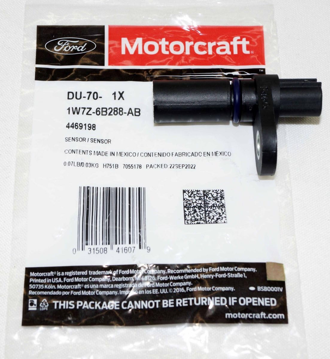 Ford Motorcraft camshaft position sensor box ready for OEM replacement