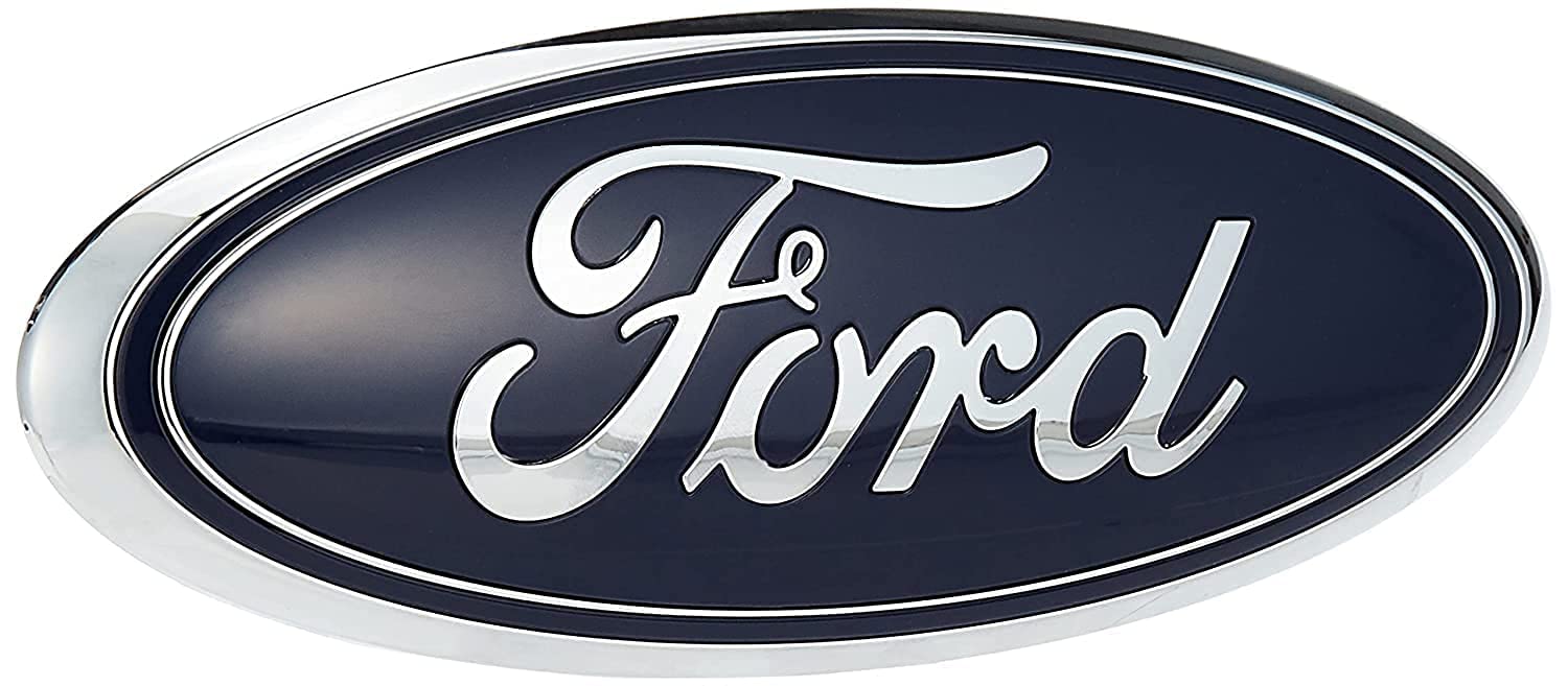 Ford AA8Z-9942528-A nameplate front view in dark blue for authentic OEM replacement