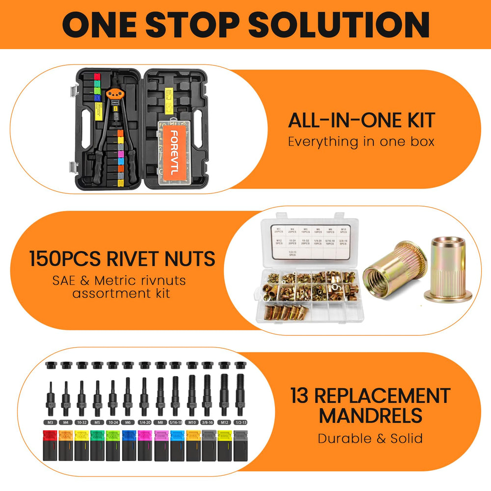 FOREVTL rivet nut tool kit mandrels array for easy changes.
