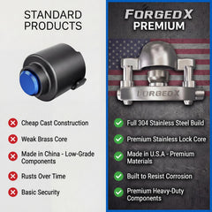 FORGEDX trailer lock closeup highlights rugged stainless steel construction