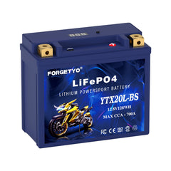 Forgetyo YTX20L-BS lithium battery front view for easy installation and lightweight power.