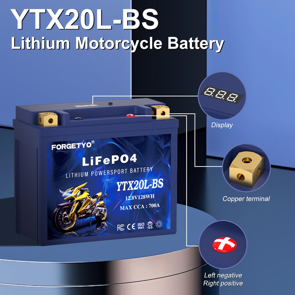 Forgetyo YTX20L-BS top-label view highlighting ready-to-use LiFePO4 battery.