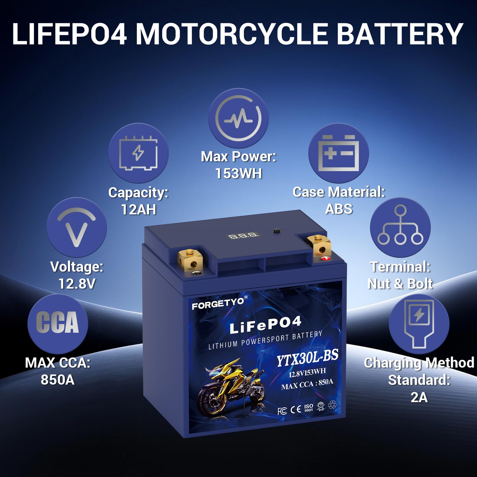 Forgetyo YTX30L-BS battery side profile showing slim form.