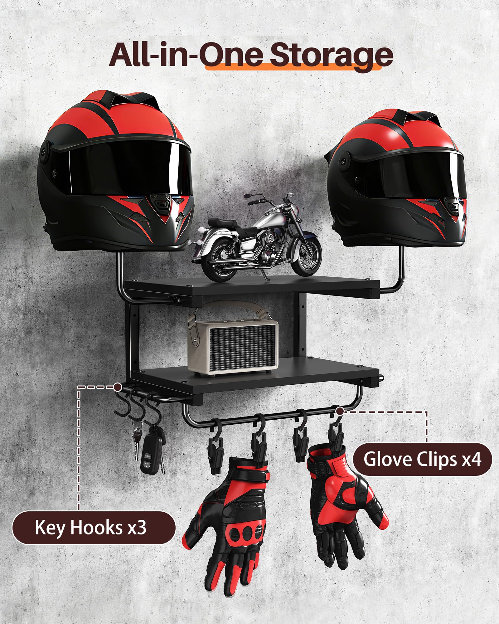 Hat stands with wooden boards maximize helmet storage on Forjarn.