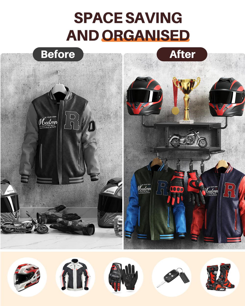 Lower shelf displays helmets and headgear for easy access.