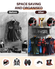 Lower shelf displays helmets and headgear for easy access.