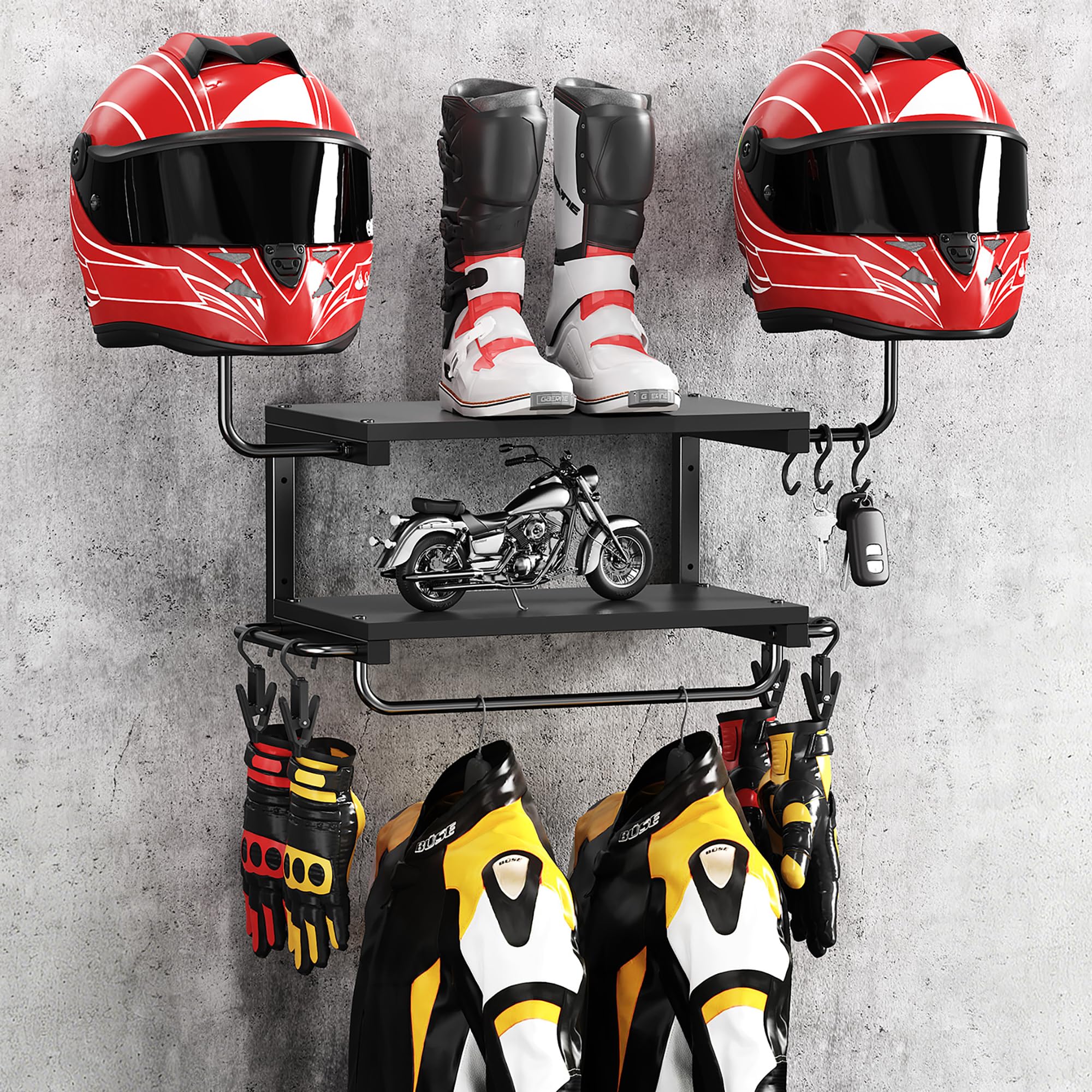 Forjarn helmet rack wall-mount full view showing compact, organized storage.