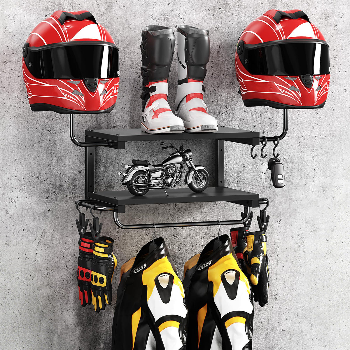 Forjarn helmet rack wall-mount full view showing compact, organized storage.